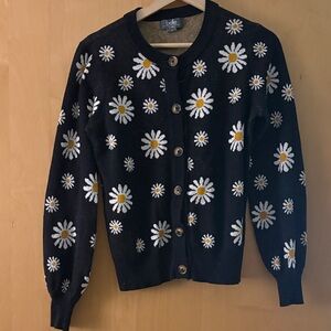 belle Black Daisy-Print Button Cardigan